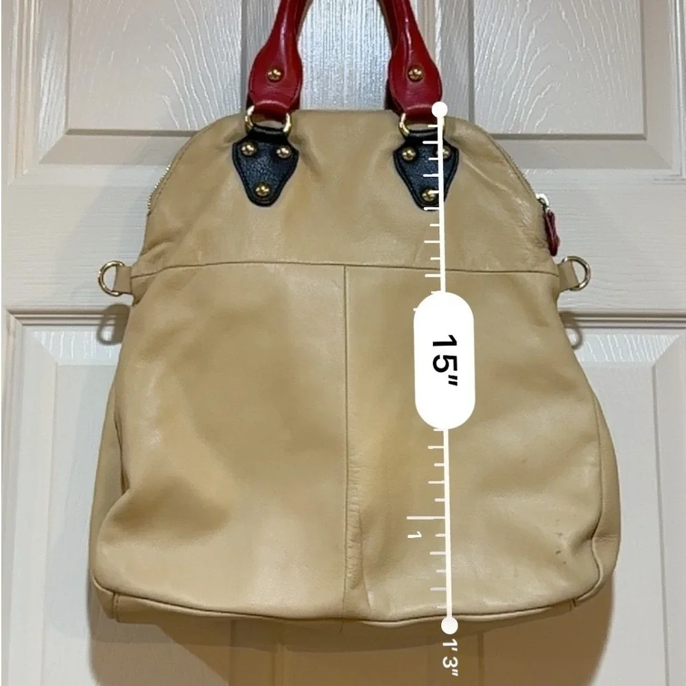 Emma Fox Leather Colorblock Satchel Backpack Beige Black Red Gold Turn Lock